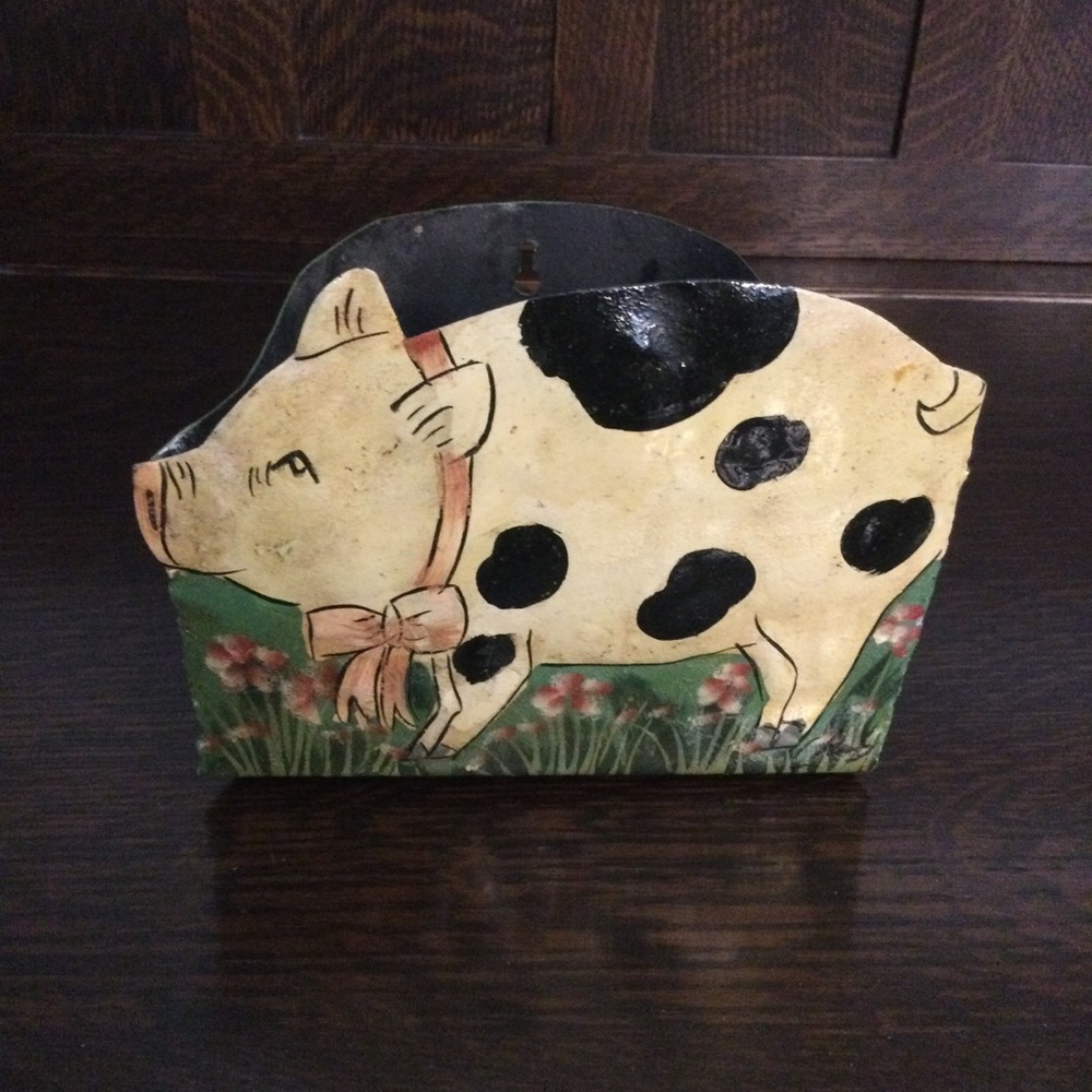 Hand Painted Metal Planter Container Pig Theme